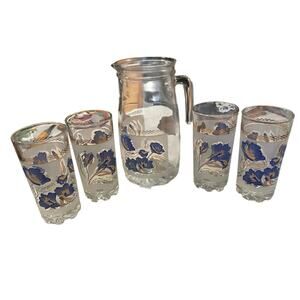 Vintage Cerve DeValbor Pitcher & Four Glasses Blue-Gold Floral Matte background